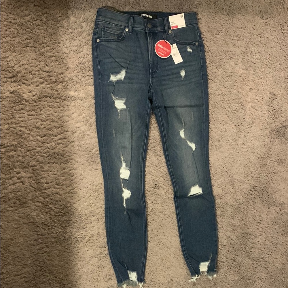 Express High Rise Ripped Skinny Jeans in Medium Blue